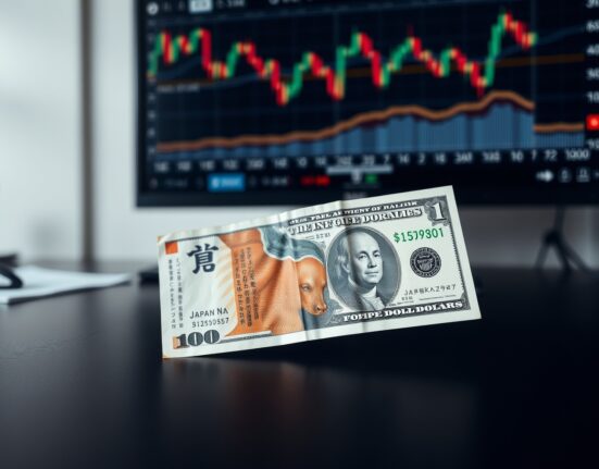 Japanese yen and US dollar banknotes on a desk with a blurred financial chart in the background.