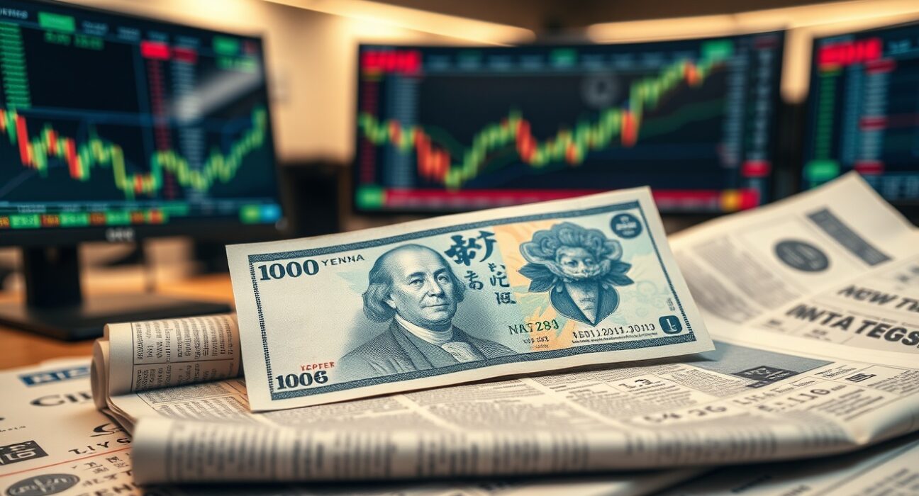 Japanese yen banknote on financial newspaper with forex charts