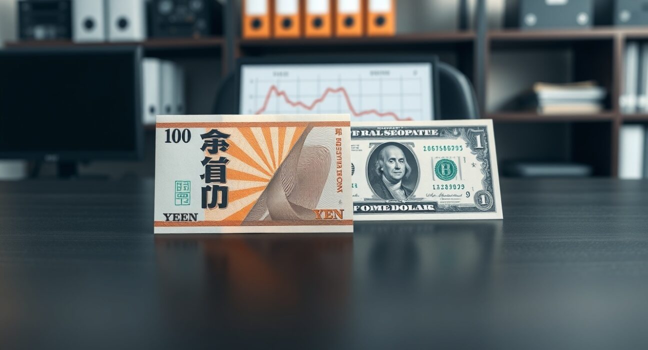 Japanese Yen and US Dollar banknotes on a desk with a chart showing Yen weakness after Japan National CPI data release