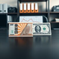 Japanese Yen and US Dollar banknotes on a desk with a chart showing Yen weakness after Japan National CPI data release