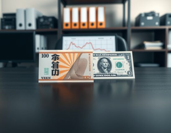 Japanese Yen and US Dollar banknotes on a desk with a chart showing Yen weakness after Japan National CPI data release