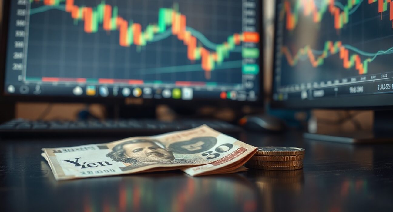 Japanese yen banknotes and coins on a desk with a forex chart in the background