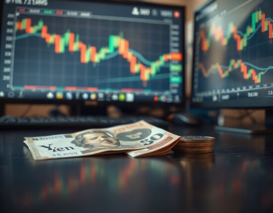 Japanese yen banknotes and coins on a desk with a forex chart in the background