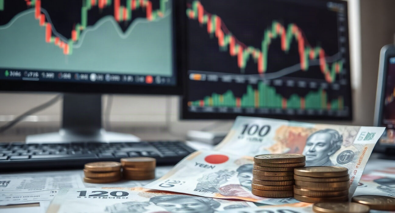 Japanese yen banknotes and coins on a financial news desk with market charts in background