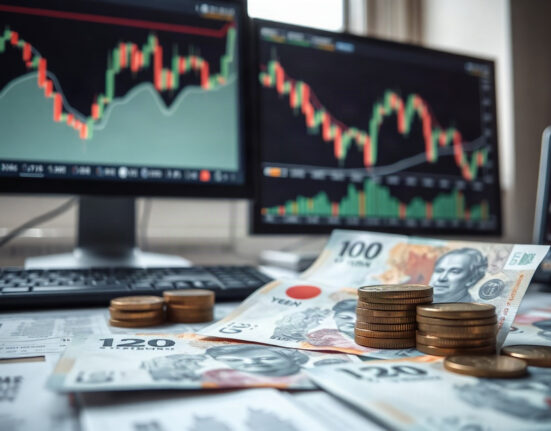 Japanese yen banknotes and coins on a financial news desk with market charts in background