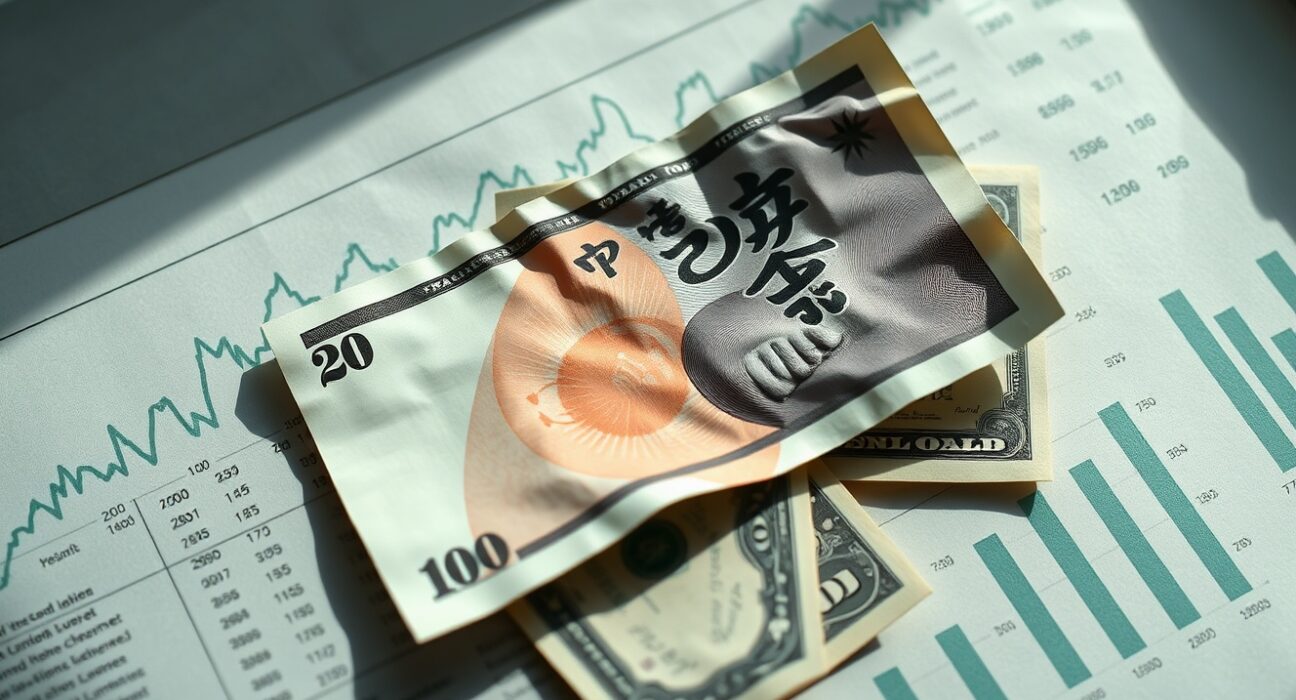 Japanese yen banknote and US dollar bills on financial chart background representing forex market dynamics.