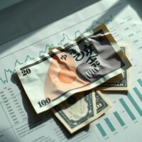 Japanese yen banknote and US dollar bills on financial chart background representing forex market dynamics.