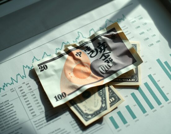 Japanese yen banknote and US dollar bills on financial chart background representing forex market dynamics.