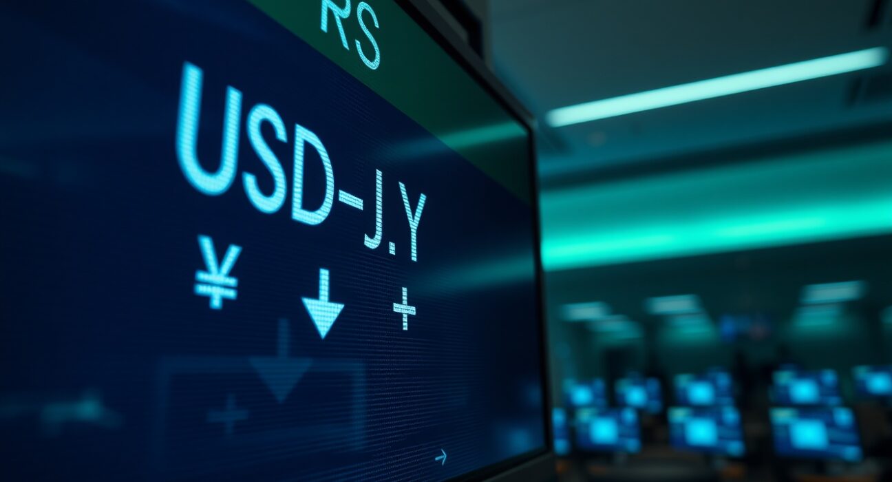 Digital trading screen showing USD/JPY exchange rate with yen weakening against dollar