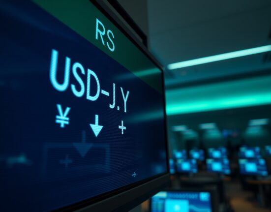 Digital trading screen showing USD/JPY exchange rate with yen weakening against dollar