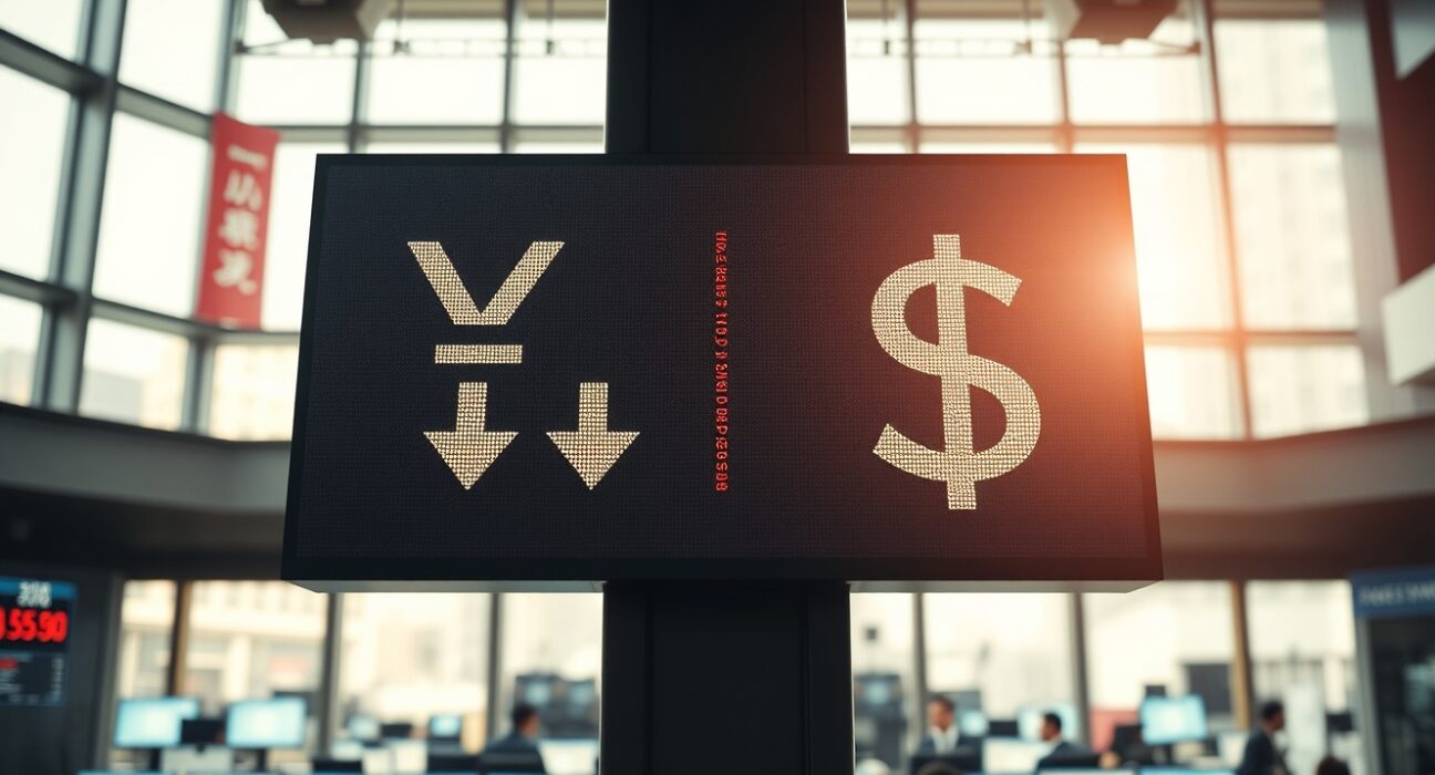 Currency exchange board showing Japanese yen weakening against US dollar on a trading floor