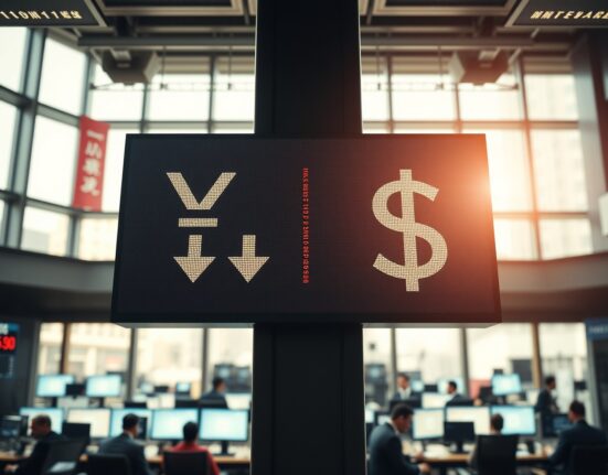 Currency exchange board showing Japanese yen weakening against US dollar on a trading floor
