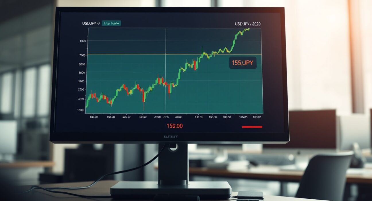 USD/JPY currency pair chart showing spike to 159.00 amid Japanese Yen weakening and Hormuz Strait tensions