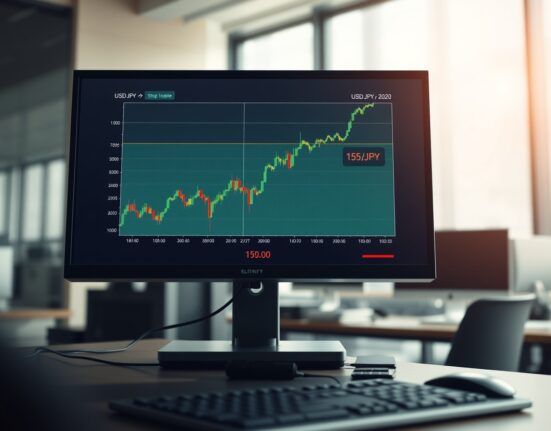 USD/JPY currency pair chart showing spike to 159.00 amid Japanese Yen weakening and Hormuz Strait tensions