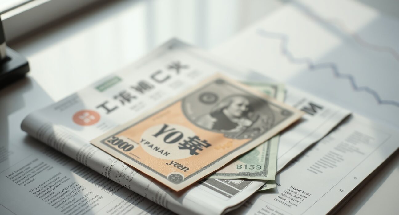 Japanese yen and US dollar banknotes on a financial report with a declining chart, representing currency market weakness.