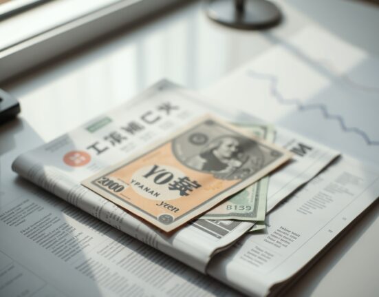 Japanese yen and US dollar banknotes on a financial report with a declining chart, representing currency market weakness.