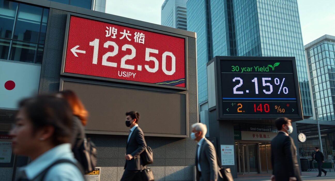 Currency exchange board in Tokyo showing USD/JPY rate and 30-year JGB yield