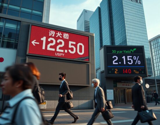 Currency exchange board in Tokyo showing USD/JPY rate and 30-year JGB yield