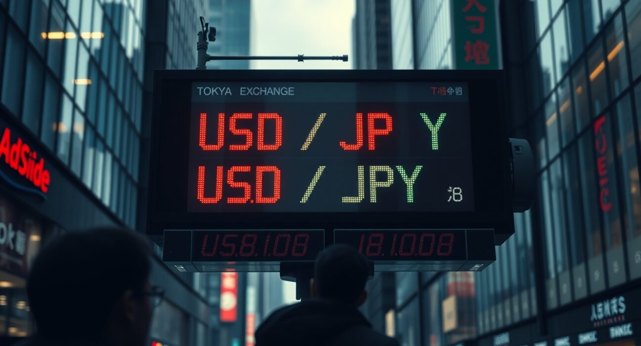 Digital exchange rate board showing USD/JPY in a Tokyo financial district