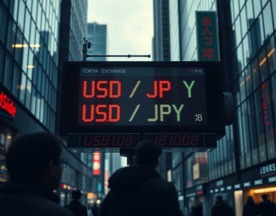 Digital exchange rate board showing USD/JPY in a Tokyo financial district