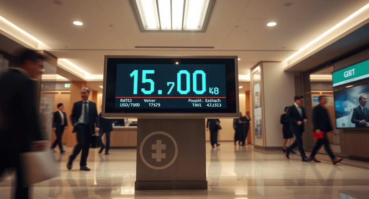 Digital currency exchange board in Tokyo showing USD/JPY rate at 159.00 amid rising geopolitical tensions.