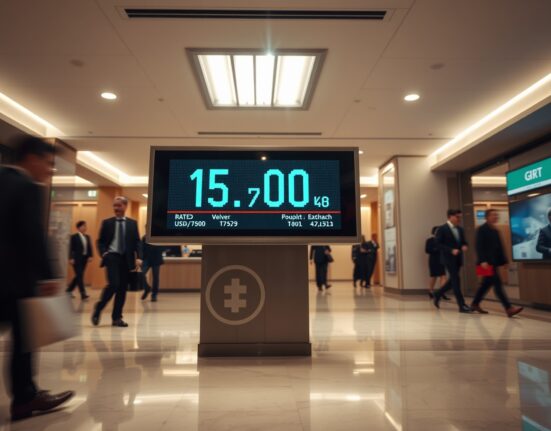 Digital currency exchange board in Tokyo showing USD/JPY rate at 159.00 amid rising geopolitical tensions.