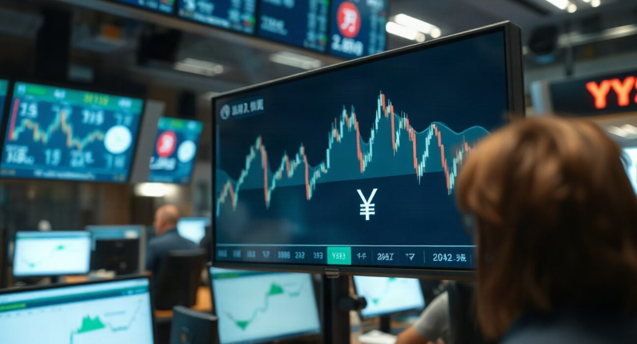 Financial market display showing yen and bond yield charts on a trading floor