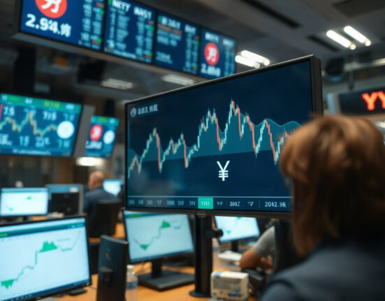 Financial market display showing yen and bond yield charts on a trading floor