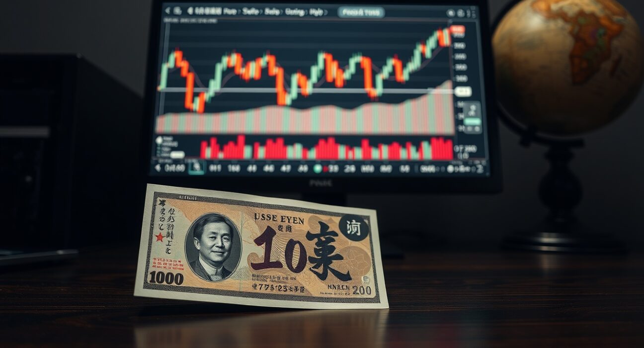 Japanese Yen banknote next to a forex chart showing USD/JPY pair on a monitor, representing currency market volatility amid geopolitical tensions.