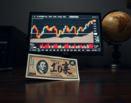 Japanese Yen banknote next to a forex chart showing USD/JPY pair on a monitor, representing currency market volatility amid geopolitical tensions.
