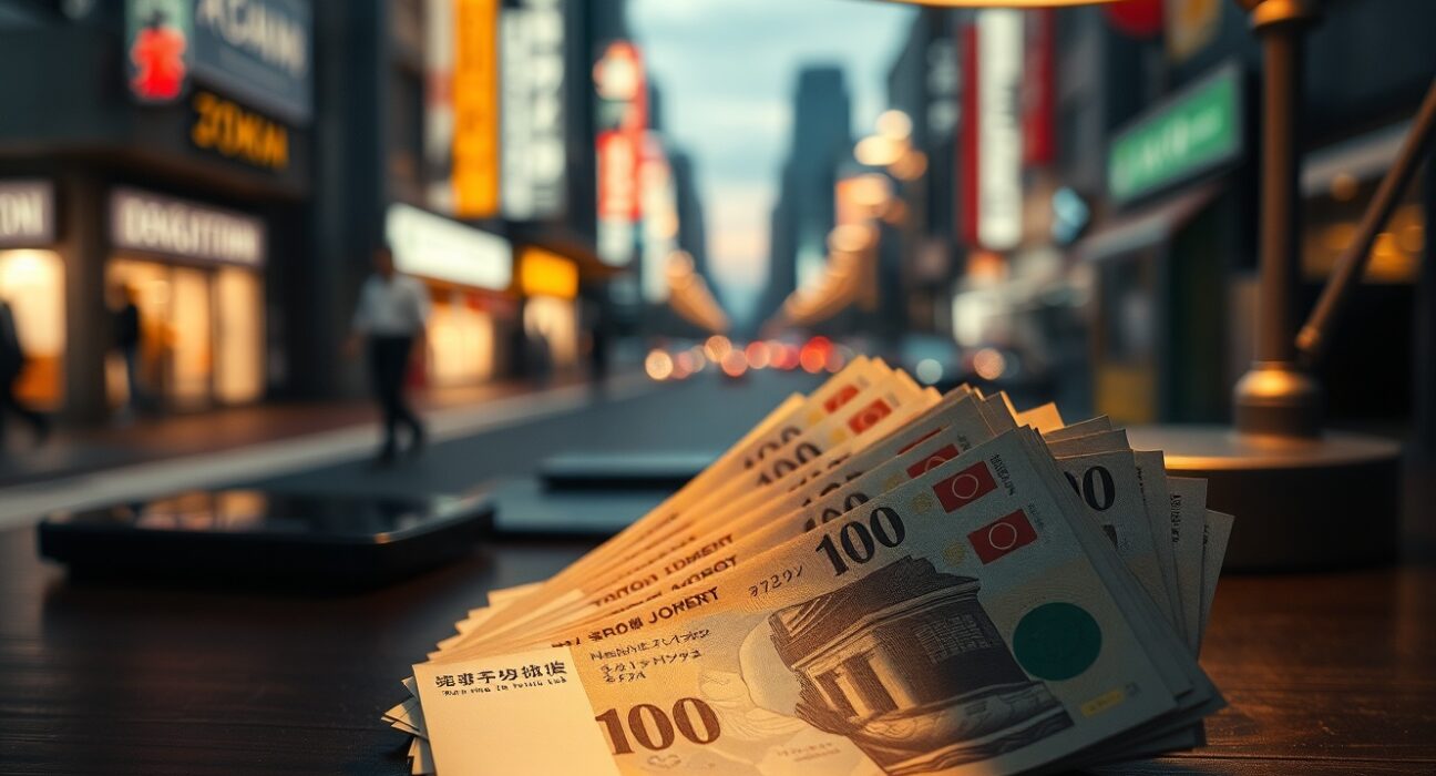 Japanese yen banknotes on a desk with a blurred Tokyo street background, representing currency market reaction to inflation data.
