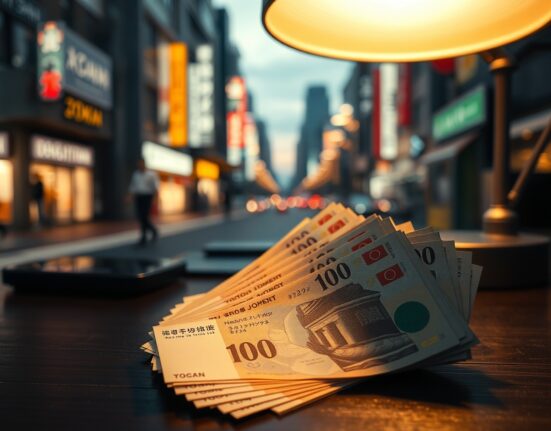 Japanese yen banknotes on a desk with a blurred Tokyo street background, representing currency market reaction to inflation data.