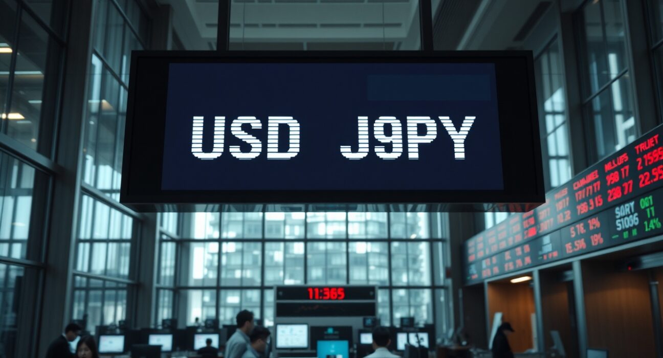 Electronic exchange board in Tokyo showing USD/JPY exchange rate with a slight downward movement.