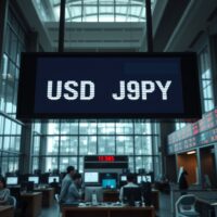 Electronic exchange board in Tokyo showing USD/JPY exchange rate with a slight downward movement.