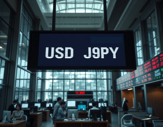 Electronic exchange board in Tokyo showing USD/JPY exchange rate with a slight downward movement.