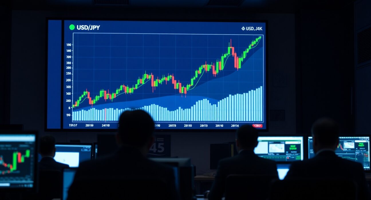 A digital screen on a trading floor showing a USD/JPY chart with the yen weakening against the dollar.