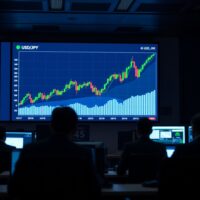 A digital screen on a trading floor showing a USD/JPY chart with the yen weakening against the dollar.