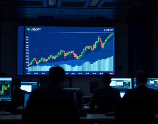 A digital screen on a trading floor showing a USD/JPY chart with the yen weakening against the dollar.
