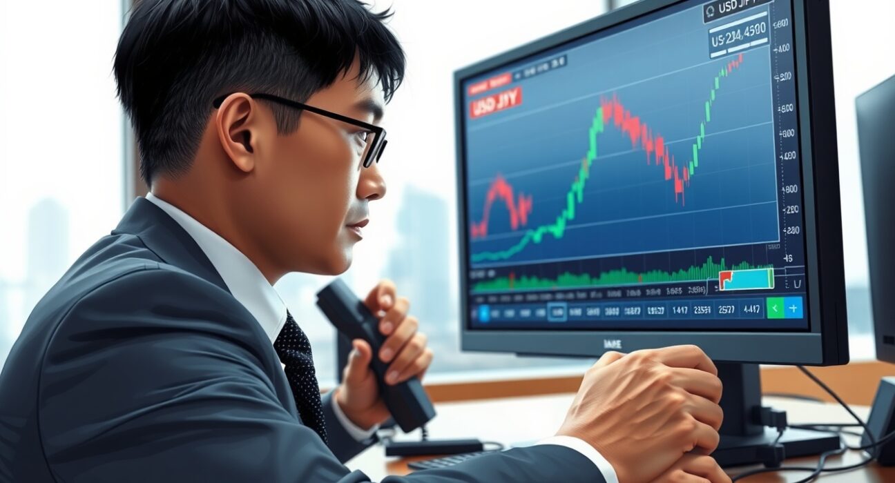 Forex trader in Tokyo monitors the weakening Japanese Yen against the US Dollar on a trading screen.