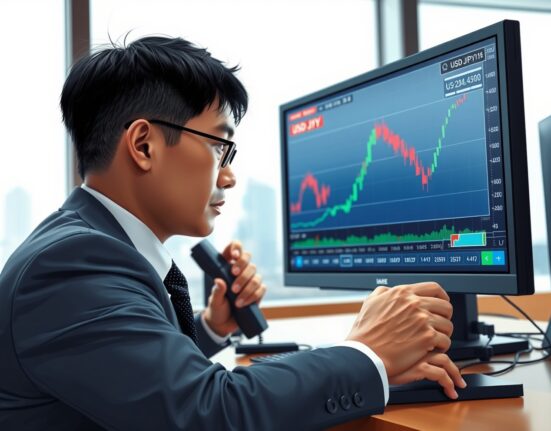 Forex trader in Tokyo monitors the weakening Japanese Yen against the US Dollar on a trading screen.
