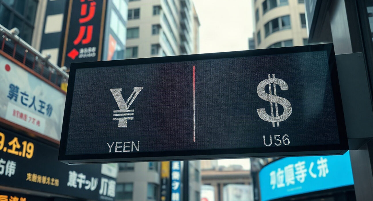 Currency exchange board showing Japanese Yen and US Dollar in Tokyo financial district