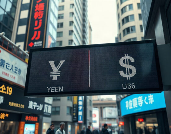 Currency exchange board showing Japanese Yen and US Dollar in Tokyo financial district
