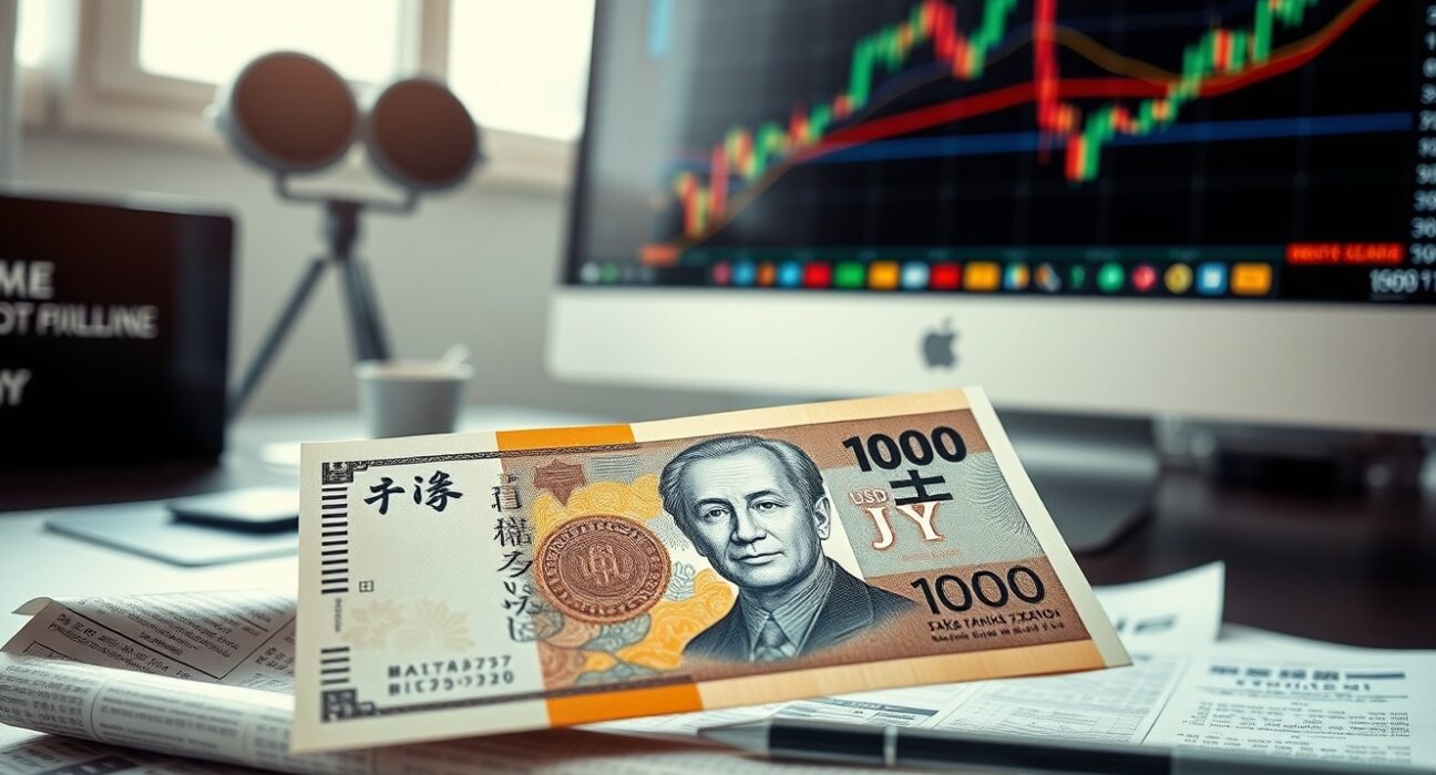 Japanese yen banknote on financial chart with forex trading screen in background