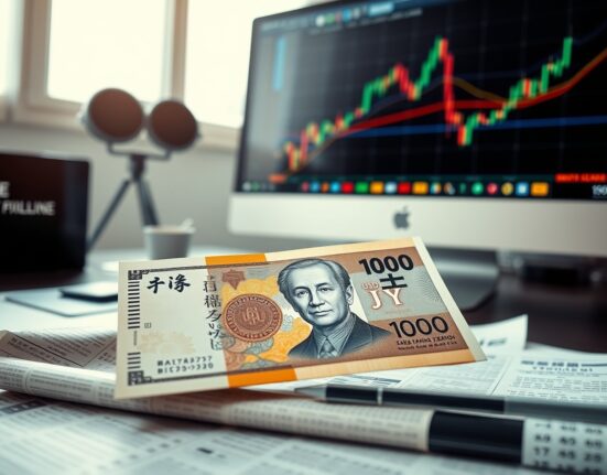Japanese yen banknote on financial chart with forex trading screen in background