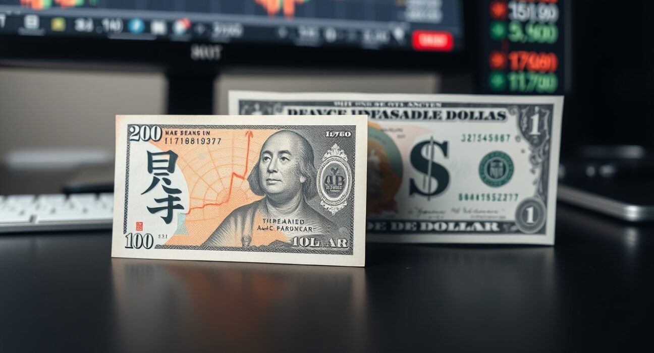 Japanese Yen and US Dollar banknotes on a desk with a blurred financial chart background.