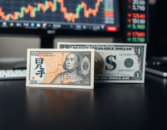 Japanese Yen and US Dollar banknotes on a desk with a blurred financial chart background.