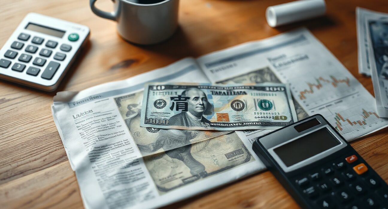 Japanese yen and US dollar notes on a financial newspaper with a calculator and coffee cup