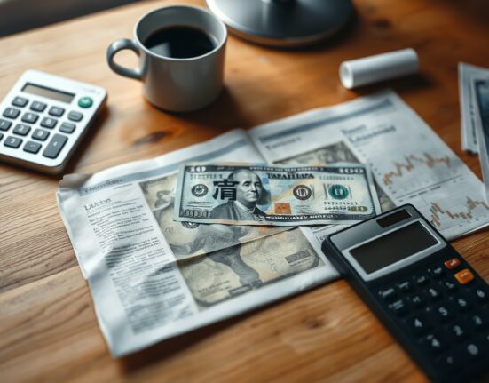 Japanese yen and US dollar notes on a financial newspaper with a calculator and coffee cup