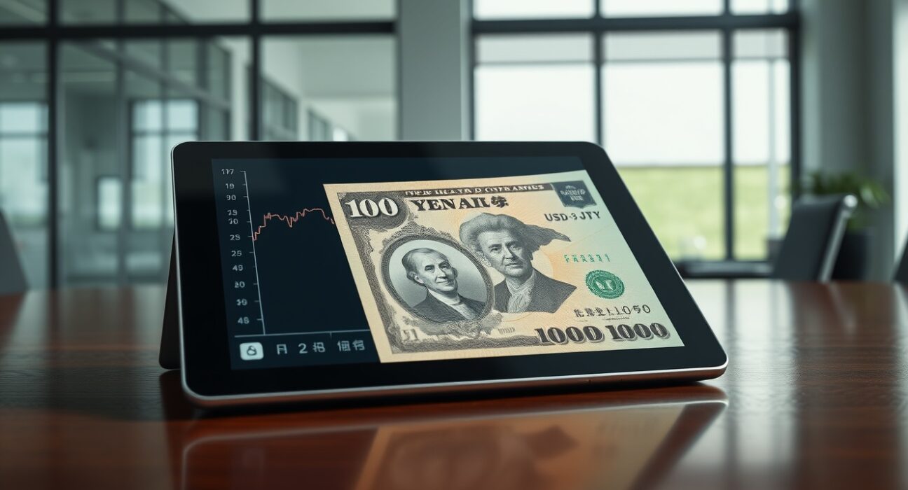 Analysis of Japanese Yen banknotes and a declining USD/JPY chart showing persistent currency weakness.