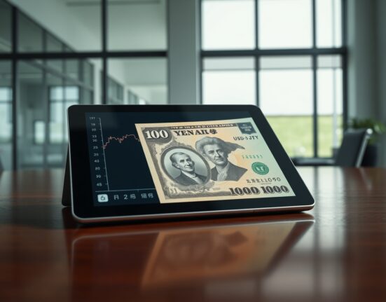 Analysis of Japanese Yen banknotes and a declining USD/JPY chart showing persistent currency weakness.